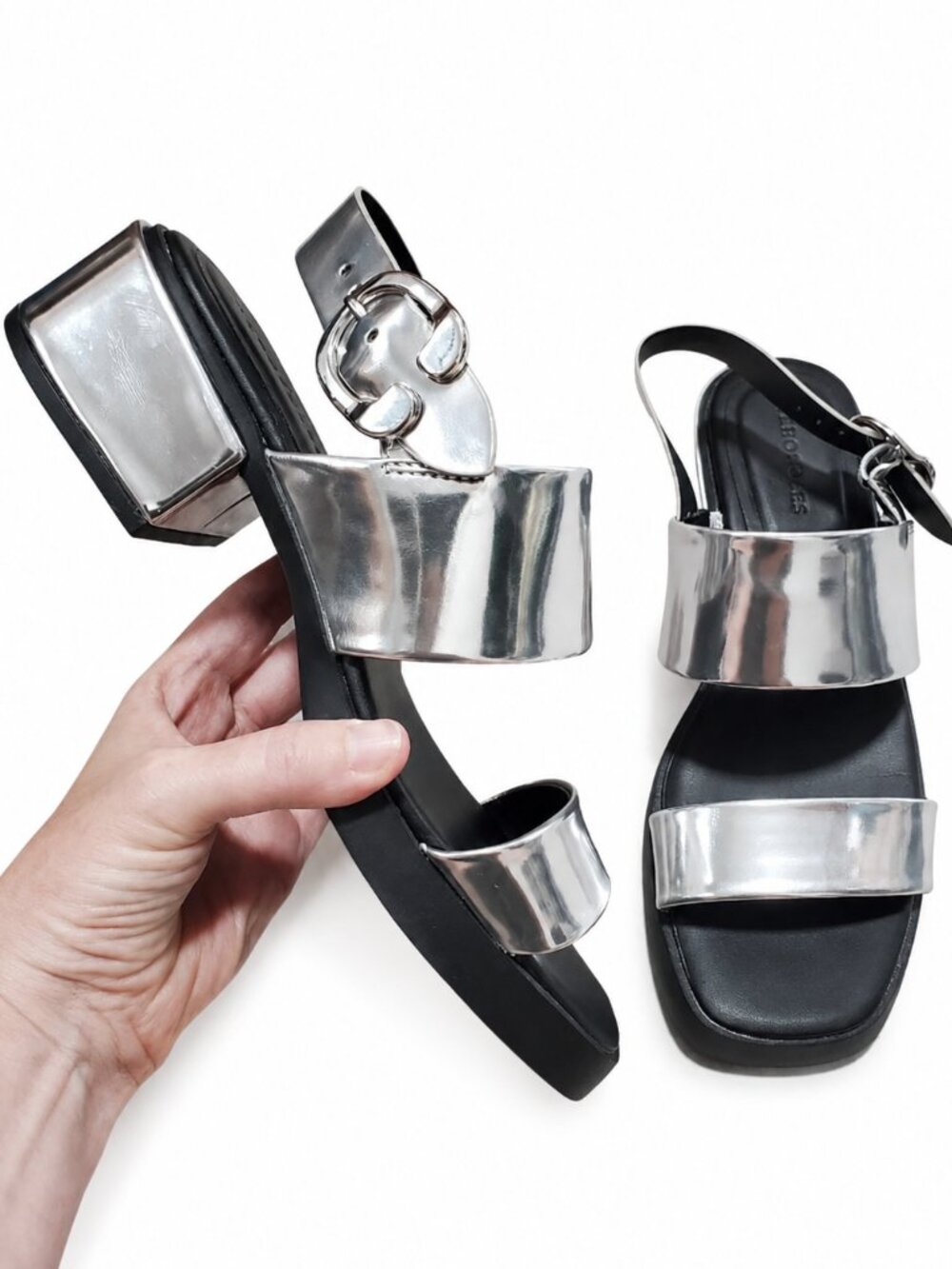 AEROSOLES Dove Silver Mirror Metallic Platform Sandals 8.5 Y2K Futuristic Chunky